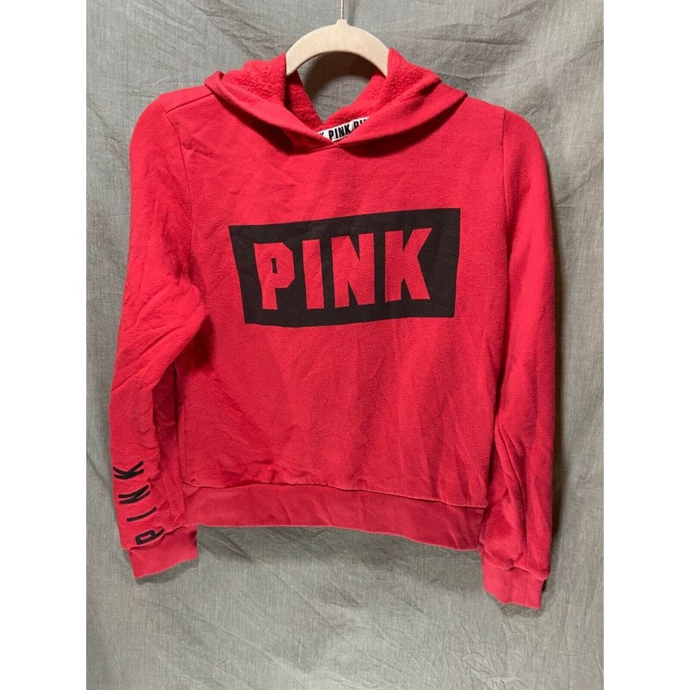 PINK Sweater Women Small Red Pullover Spell Out Long Sleeve Hoodie Ladies